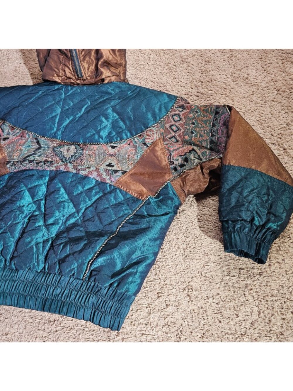 Vintage East West Coat Womens M Quilted Hood Faux Fur Trim Jacket Boho Y2K - Picture 12 of 14